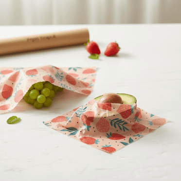 Emballages Alimentaires Réutilisables à la Cire d'Abeille – Lot de 3 Motif Fraise / Stockage Alimentaire Sans Plastique / Alternative Écologique au Film Plastique