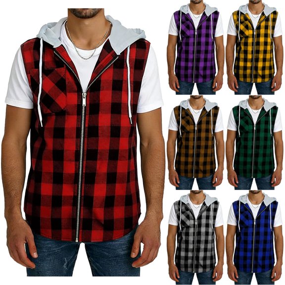 UVEASISHA Plaid Hoodie Shirts for Men Sleeveless Zip Up Shacket Jackets Lightweight Casual Workout Hoodies Summer Fashion Flannel Hooded Tops Yellow XXL