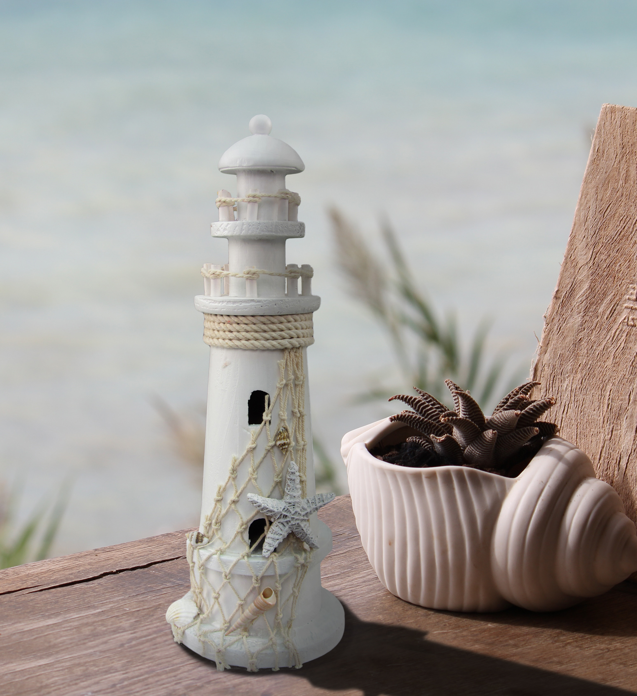 CoTa Global White Lighthouse Decor with Starfish and Fish Net - On