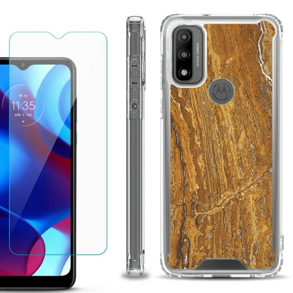 Shockproof Bumper Phone Case for Motorola Moto G Pure, with Tempered Glass Screen Protector, by OneToughShield ® - Marble / Earth