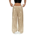 thumbnail image 2 of WULMLEO Women's Shiny Sequin Wide Leg Pants Elastic Waist Sparkly Baggy Pants Beige S, 2 of 8