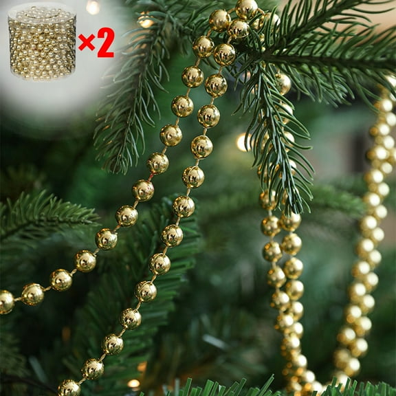 KOYPTL 33 Feet 2 Rolls Christmas Tree Beads Garland,Faux Pearl Beads String Roll Acrylic Hanging Ornaments for Xmas Tree Party Supplies Indoor Home Christmas Decoration and Crafts Gold
