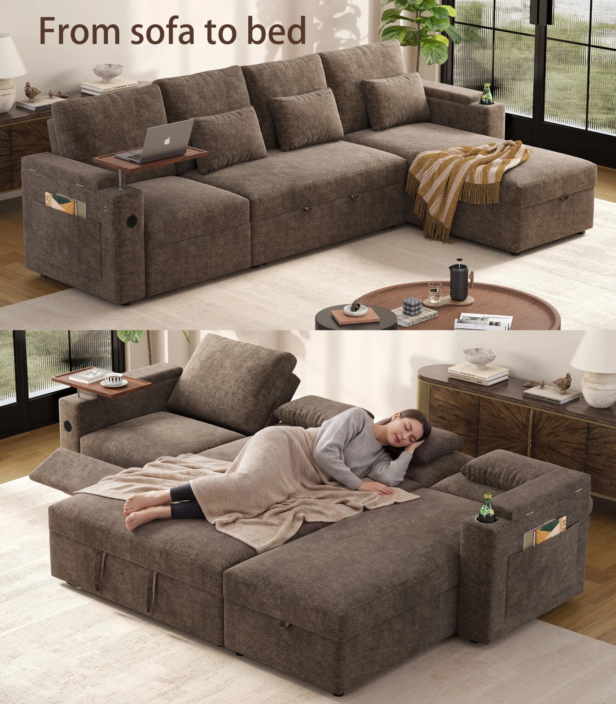 AISWORD 108" 3-in-1 Convertible Pull Out Sofa Bed, 6 Position Adjustable Sleeper Couch with USB Ports, Laptop Table, Cup Holders & Side Storage Pockets, Khaki