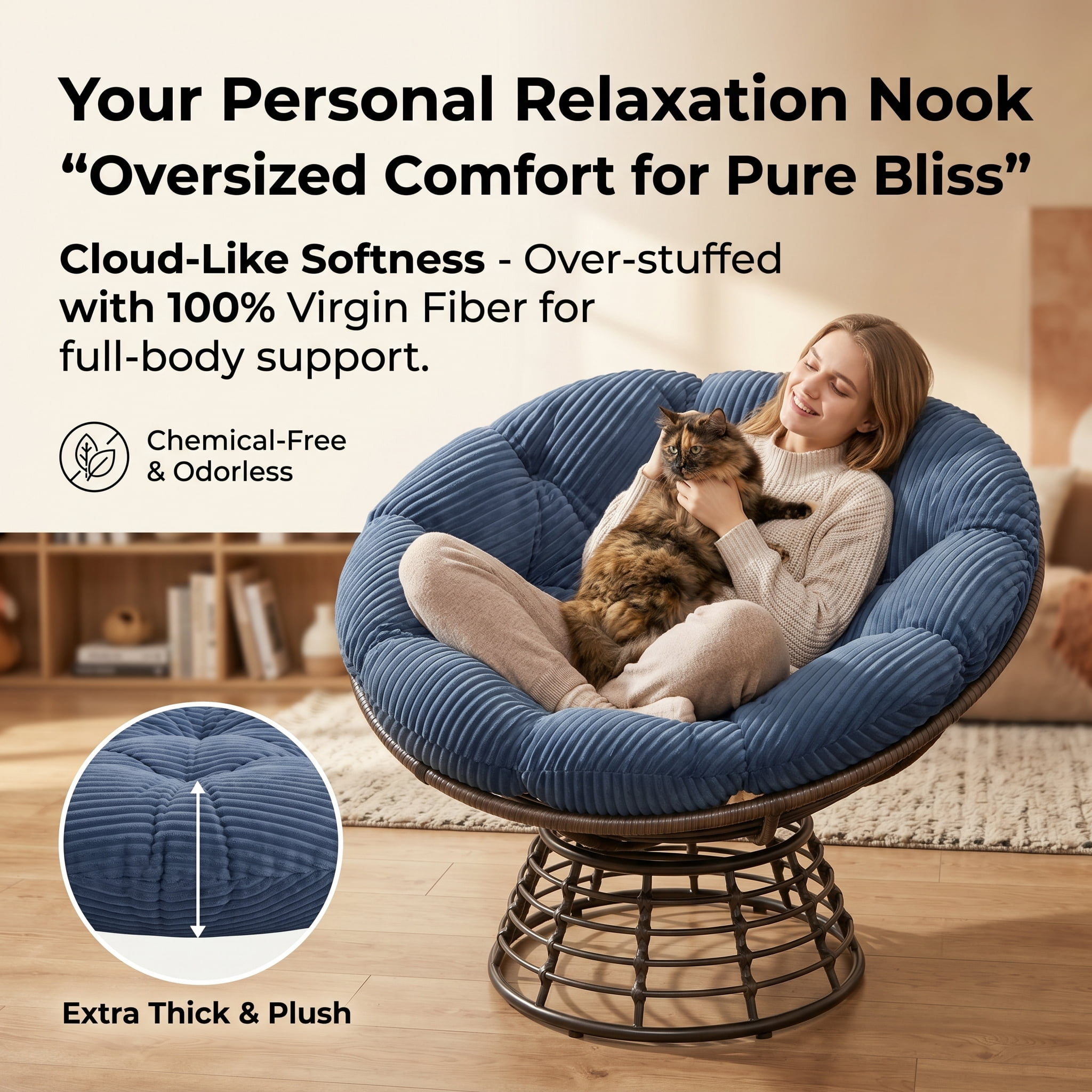360° Swivel Wicker Papasan Chair with Ergonomic Over-Stuffed Cushion, Modern Rattan Saucer Chair for Living Room & Bedroom