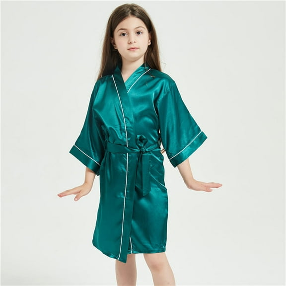 Kids Boys Girls Silk Satin Bathrobe Kimono Robes Nightgown Sleepwear Clothes Size 7-8 Years