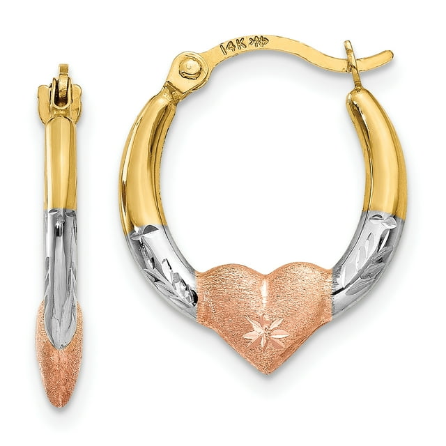 14k Yellow Gold White Rose Heart Hoop Earrings Love