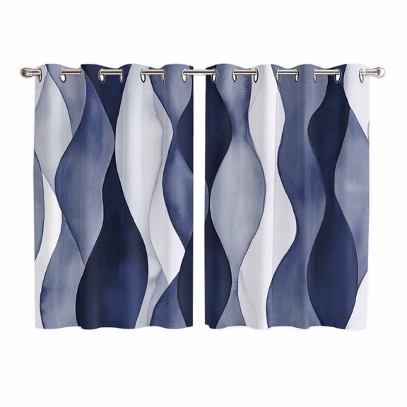 Navy Blue Kitchen Curtains 72 Inch Length, Modern Moire Abstract Ripple Geometric Grommet Top Bedroom Living Room Curtains, Light Filtering Cafe Curtain Drapes 2 Panels Set 104''x72''