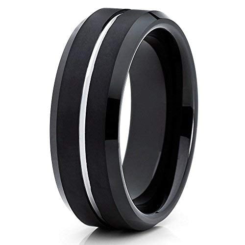 Silly Kings Jewelry 8mm Black Brushed Tungsten Carbide Ring Polished Silver Groove Custom Engraved Wedding Band (6) (6)
