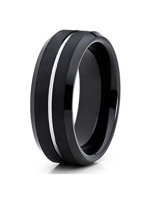 Jewelry 8mm Black Brushed Tungsten Carbide Ring Polished Silver Groove Custom Engraved Wedding Band (6) (6)