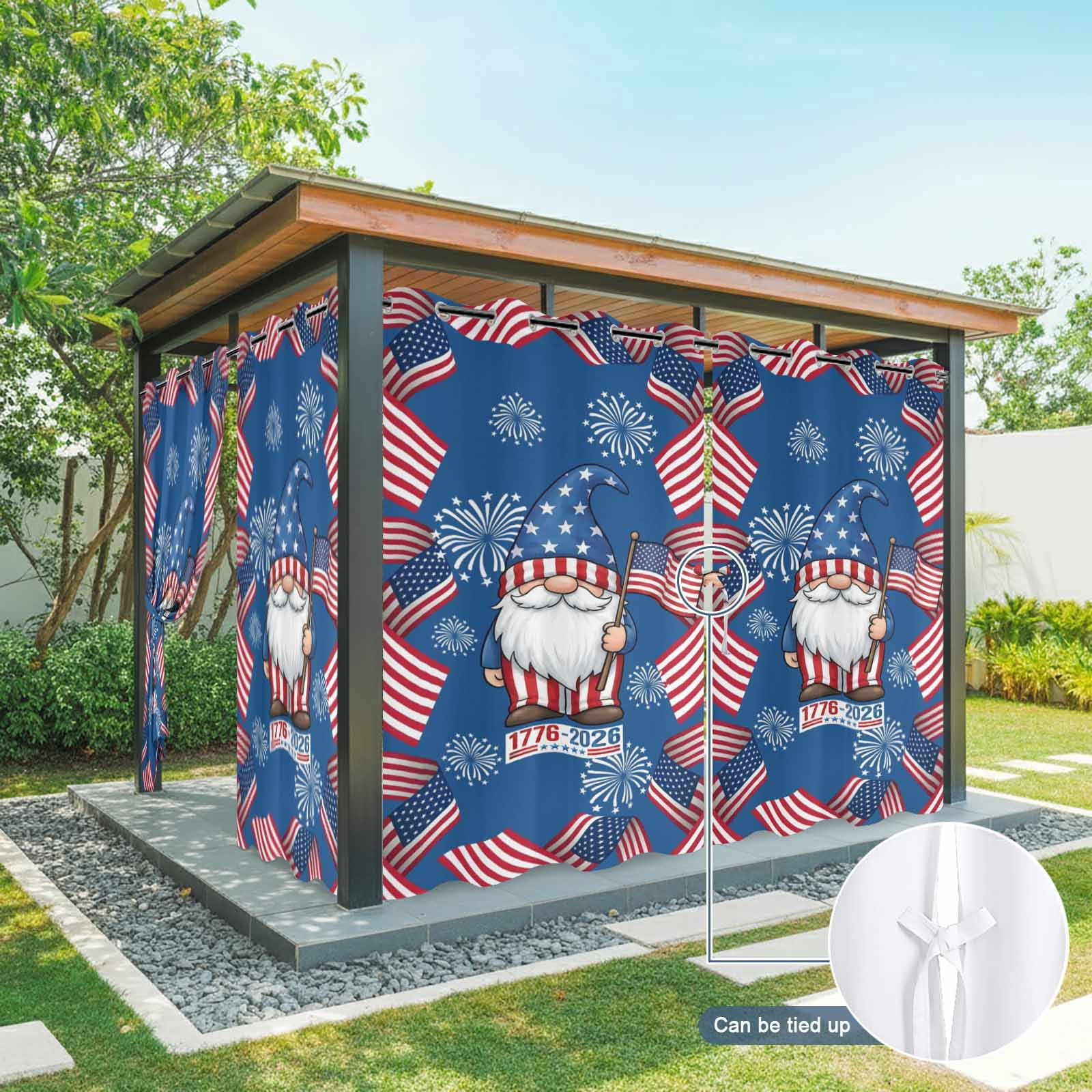 Independence Day Outdoor Curtains for Patio, U. S. Flag Cartoon Gnome Graffiti Firework Sunshade Privacy Drapes Grommet Waterproof Outside Curtains for Porch/Cabana/Balcony 54"x 108", 1 Panel