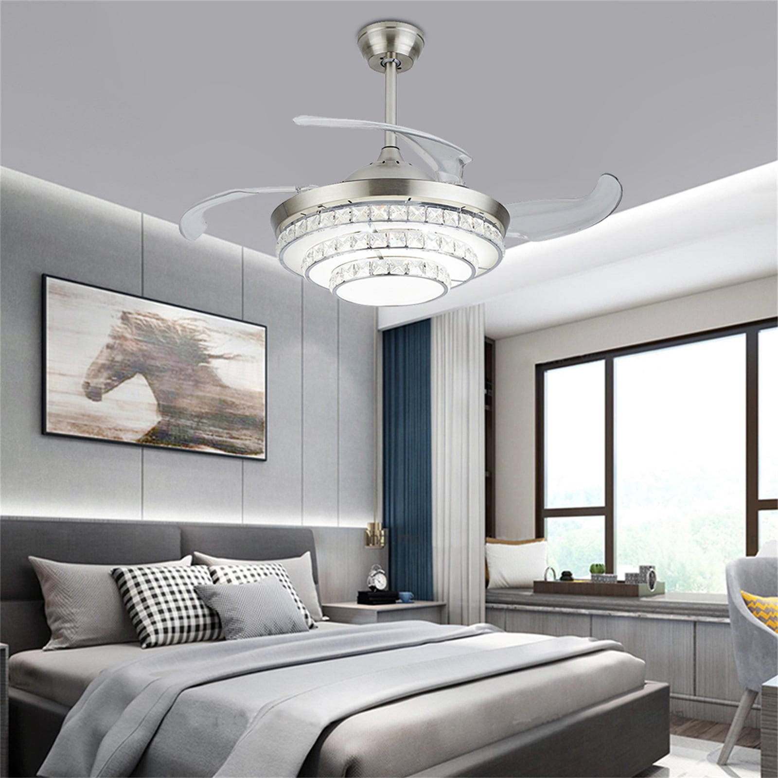 A: 36in Multi-Function Bluetooth Music Ceiling Fan with Lights and Remote Control,LED Retractable Blades 3/7 Color Changes Chandelier Fans Lighting Fixtures for Living/Dining Room Bedroom
