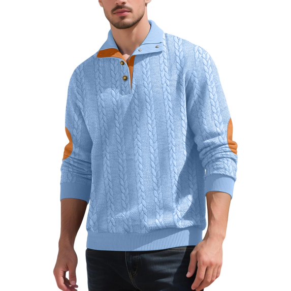 UDAUDU Men's Cable Knit Pullover Sweater Casual Long Sleeve with Elbow Patch Stand Collar Button Knitted Sweaters Sky Blue XL