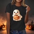 thumbnail image 2 of Htigea Womens Halloween T Shirts Cute Ghost Pumpkin Graphic T-Shirt | Crew Neck, Short Sleeve, Loose Fit, Soft Comfy, All Saints' Day, Holiday Party Tees 01#Black S, 2 of 8