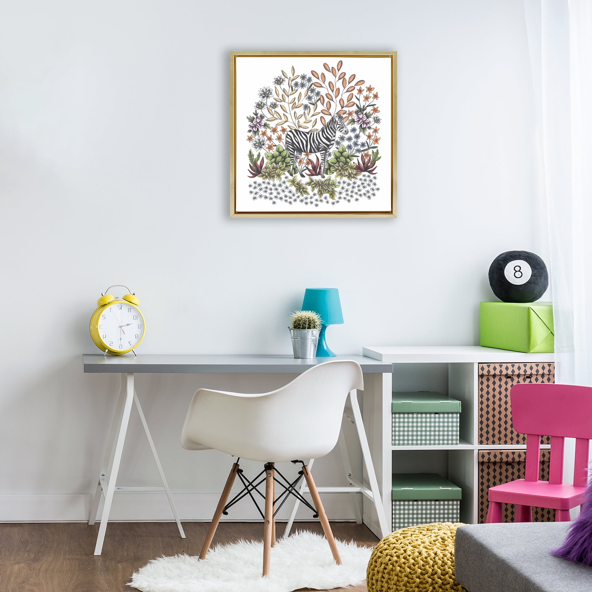 Jungle Wildlife Zebra Gold Framed Floater Canvas Wall Art, design by Cecilia Battaini