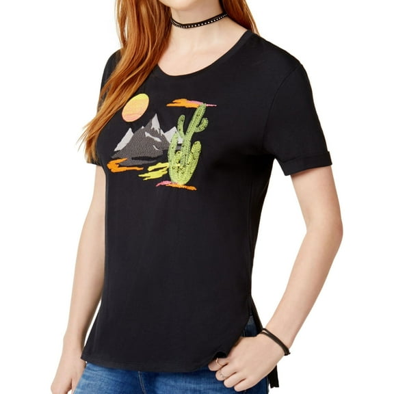Carbon Copy Womens Embroidered Embellished T-Shirt, Black, Small