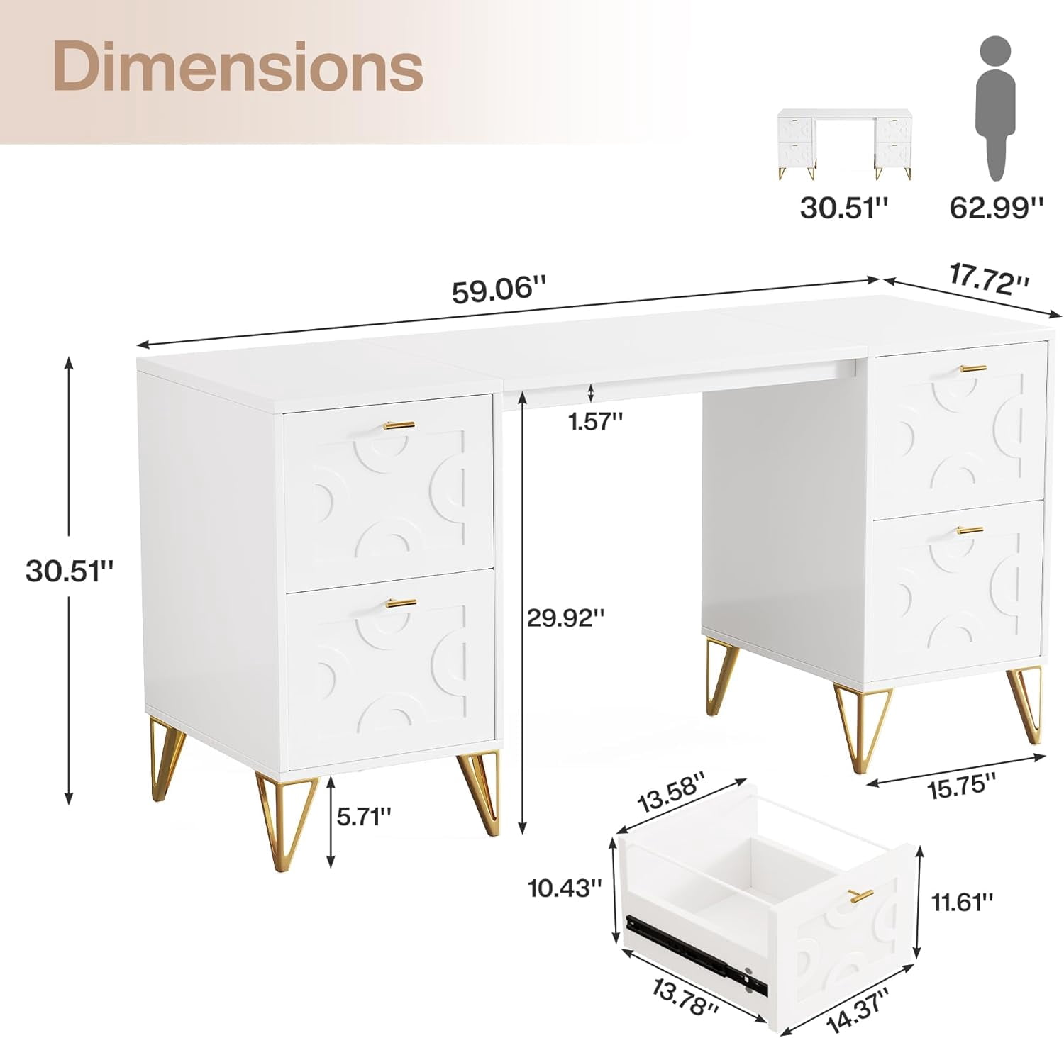 Finmind White Computer Desk with File Drawers, 59'' Modern Home Office Desk, Work Desk with Storage with Gold Legs for Home Office