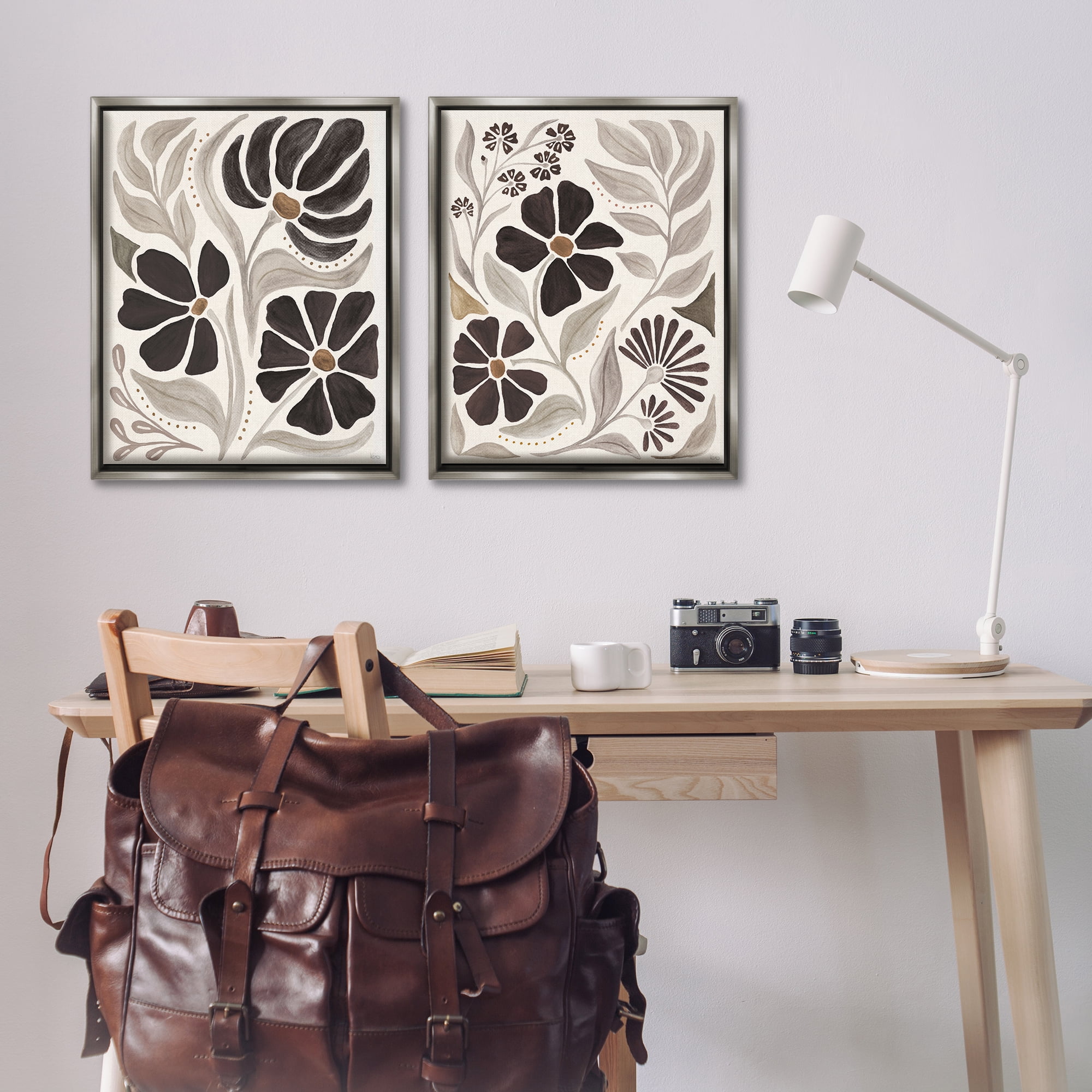 Stupell Industries Modern Neutral Petals Plants & Flowers Painting Gray Floater Framed Canvas Art Print Wall Art, 31 x 25, Set of 2