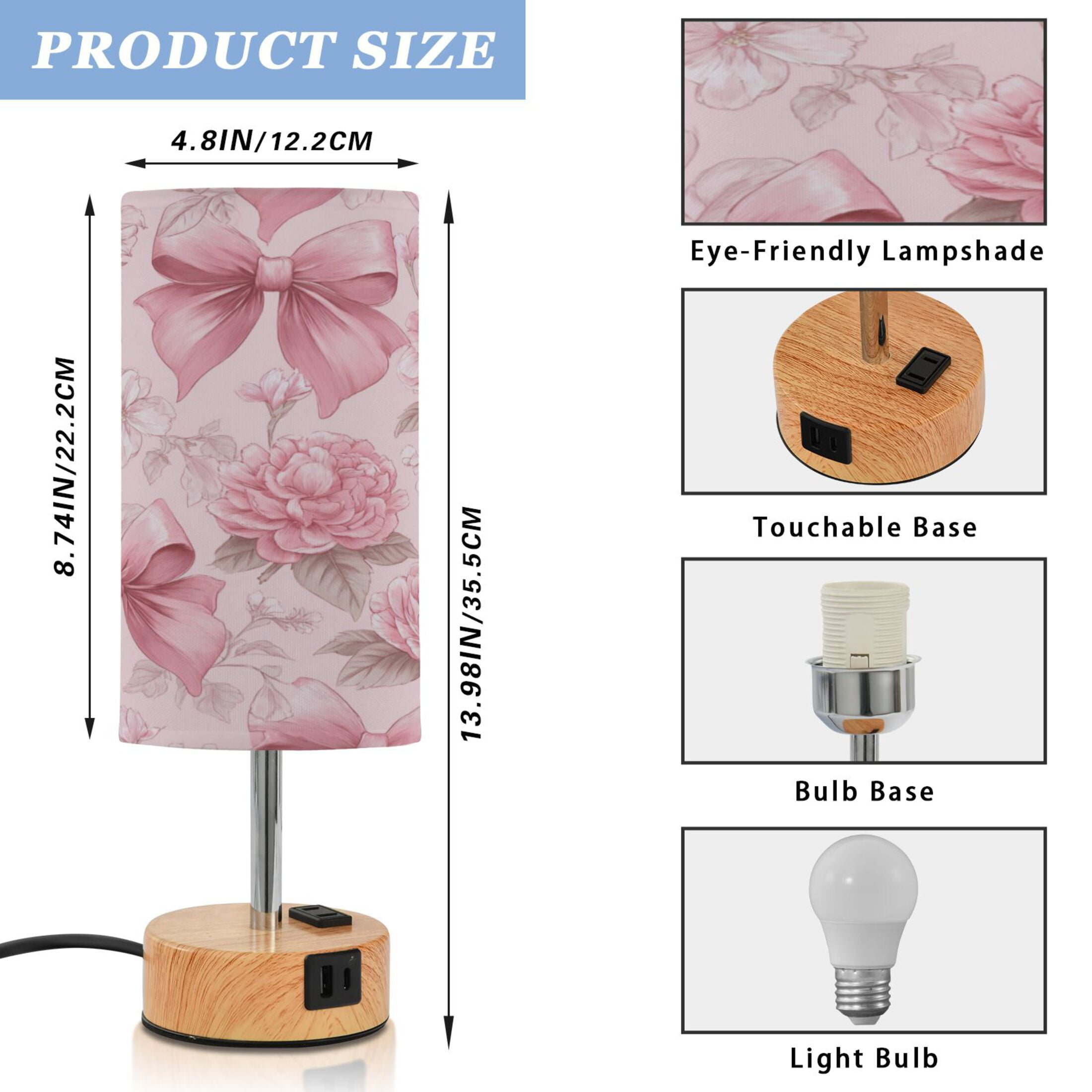 Touch-Control 3-Color Desk Lamp with Plug – Energy-Saving LED + 3 Simultaneous Charging Ports Pink Bows and Peony Flowers
