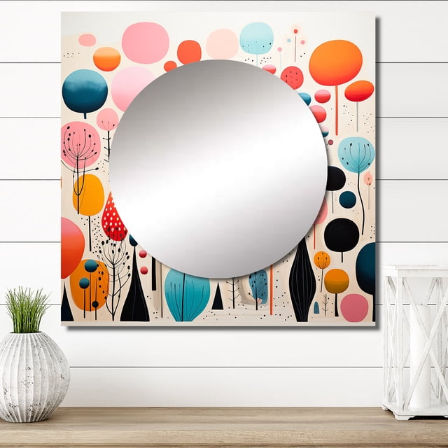 Designart "Playful Patterns Mid Century Pink Delight I" Mid-century Pink Large Square Mirror - Square Bedroom Mirror Printed Wall Decor - Mid-Century Square Printed Wall Mirror Art