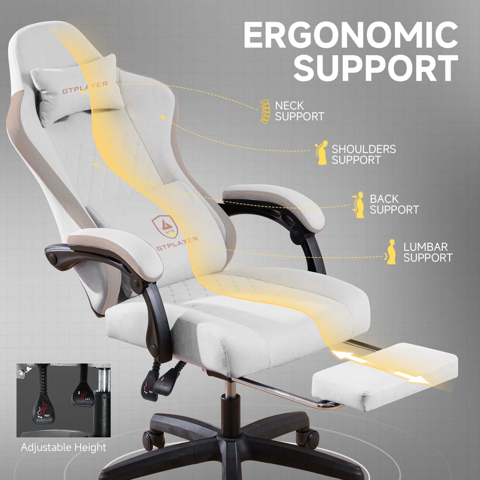 GTPLAYER Ergonomic High Back Pocket Spring Cushion Gaming Chair with Footrest & Linkage Armrests, Ivory
