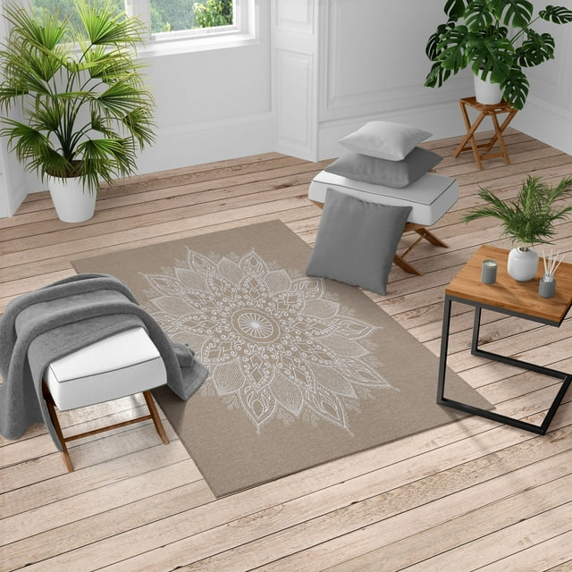 Mandala Turkish Area Rug, Lotus Inspired Flower Lace Circle Ornate Retro Pattern Eastern Universe Theme, Soft Carpet for Living Room Decor with Distressed Look, 5.2' X 7.6', Dusk White, by Ambesonne