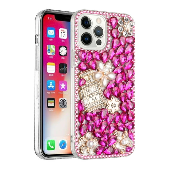 For Apple iPhone 14 Pro Max (6.7") Bling Crystal 3D Full Diamond Luxury Transparent Rhinestone Hybrid Cover ,Xpm Phone Case [ Hot Pink Pearl Flowers Perfume ]