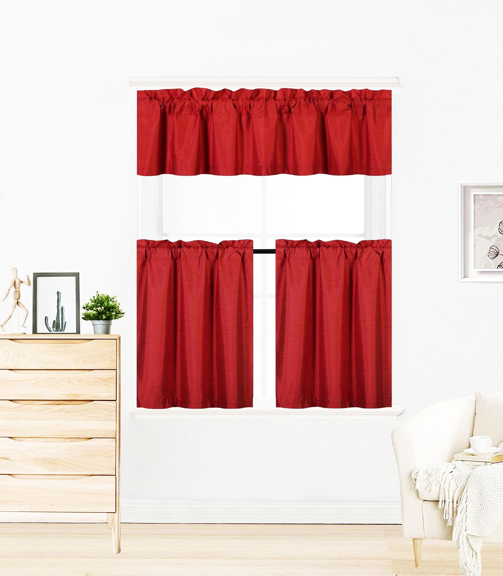 LUXURY 3PC KITCHEN CURTAIN RED K4 COLOR CURTAIN VALANCE AND TIERS 24" ROD POCKET SHEER PANELS