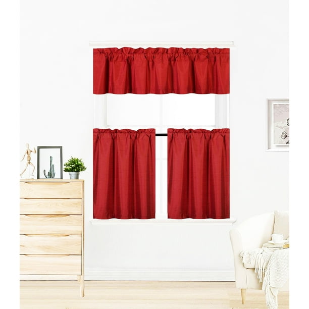 LUXURY 3PC KITCHEN CURTAIN RED K4 COLOR CURTAIN VALANCE AND TIERS 24