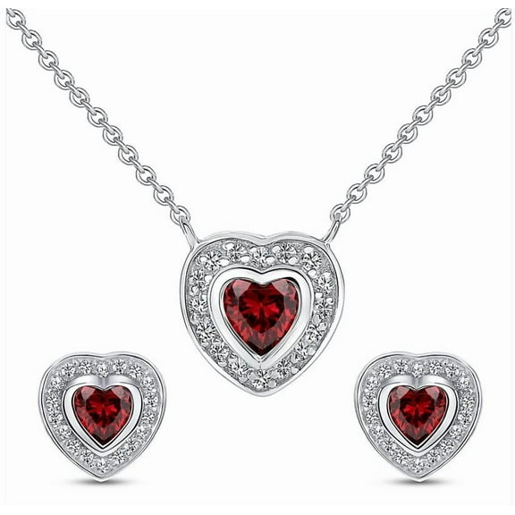 0.925 Sterling Silver Red CZ Heart Necklace and Earrings Set Made in Italy Hypoallergenic Elegant Jewelry for Women and