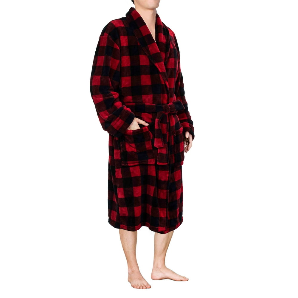 Pavilia PAVILIA Mens Soft Plush Robe Flannel Fleece Plaid Red Robes