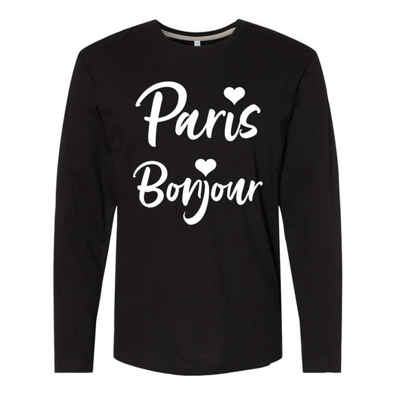 Inktastic Paris Bonjour with Hearts in White Text Long Sleeve T-Shirt