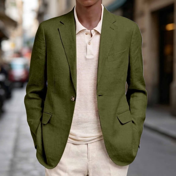 LEKWK Casual Blazer Jackets for Men Single Breasted One Button Suit Coats Classic Fit Cotton Linen Lightweight Sport Coats for Business Work Wedding Party Army Green S