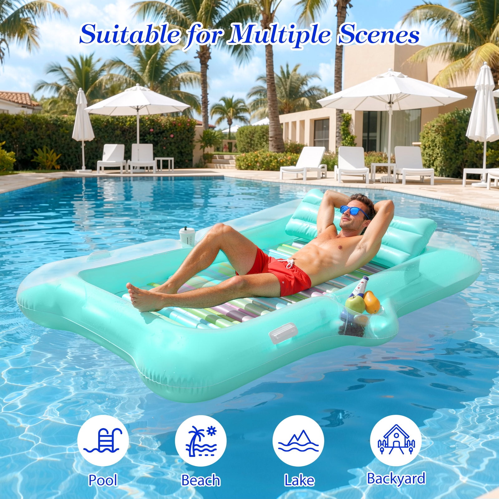 MoKo Inflatable Tanning Pool Lounger Float Adults, Large Pool Floaties Rafts for Adults with Headrest Drink Holder Sun Tanning Floats for Swimming Pool Lake River Beach Blow Up Floats, Mint Green