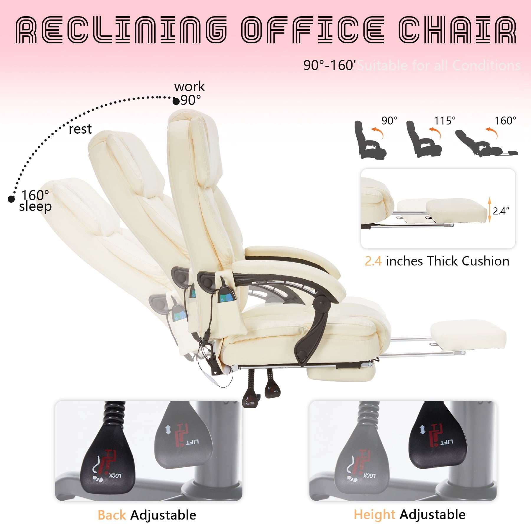 HESL Office Chair With Massage And Heated Lumber Spport, Big and Tall Reclining Desk Chair,White