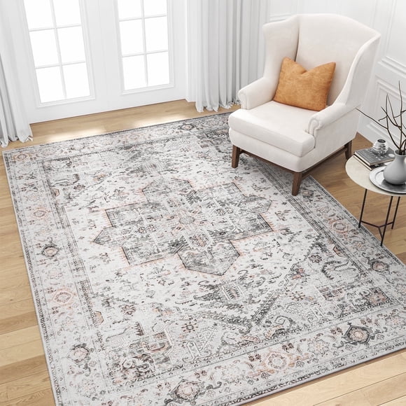 SIXHOME 8'x10' Area Rugs for Living Room Washable Rug Vintage Medallion Living Room Rug Distressed Soft Carpet Large Area Rugs for Bedroom Dinning Room Office Indoor Retro Home Decor Light Gray