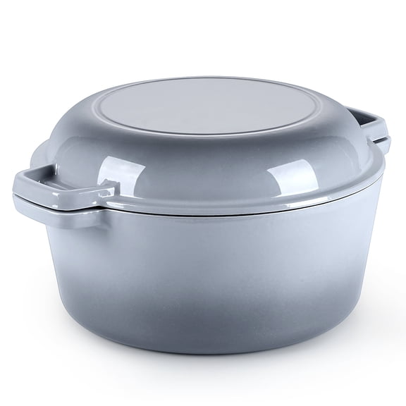 Walchoice 5QT Dutch Oven with Skillet Lid, 2-in-1 Enameled Cast Iron Dutch Oven Pot Cookware with Handles for Grilling, Stewing, Baking - Grey