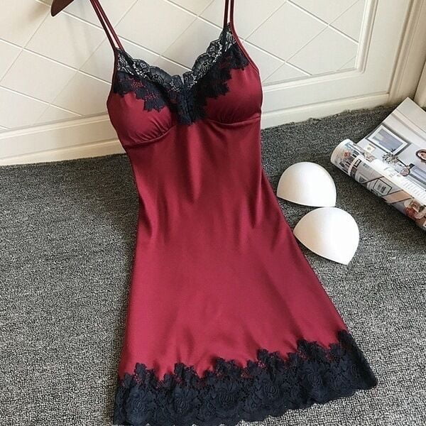 Pijama sexy de talla grande para mujer, camisón con tirantes finos con almohadilla para el pecho y borde de encaje, tentación sexy para usar en casa