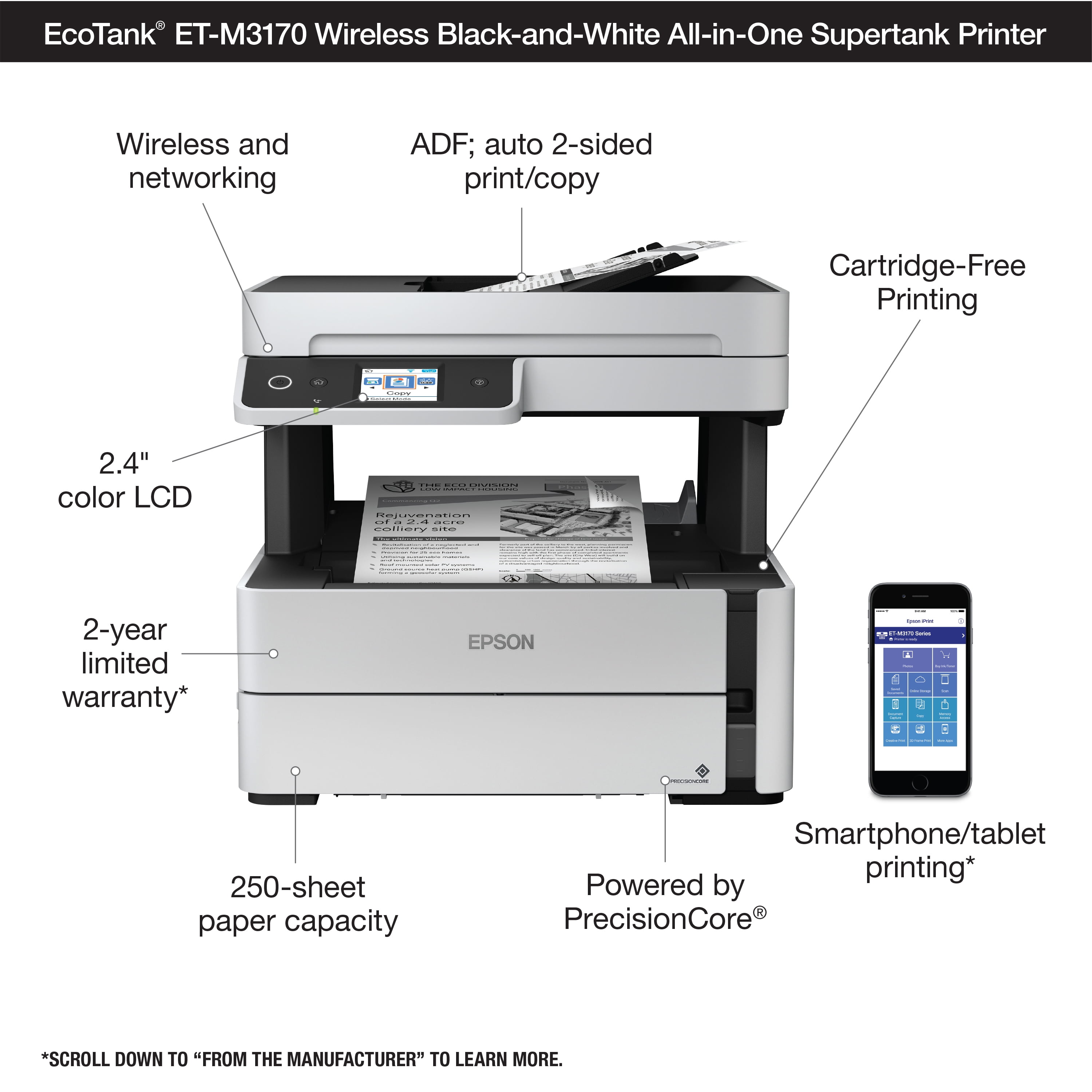 Epson EcoTank ET-M3170 Wireless Monochrome All-in-One Supertank Printer, Plus ADF, Fax and Ethernet