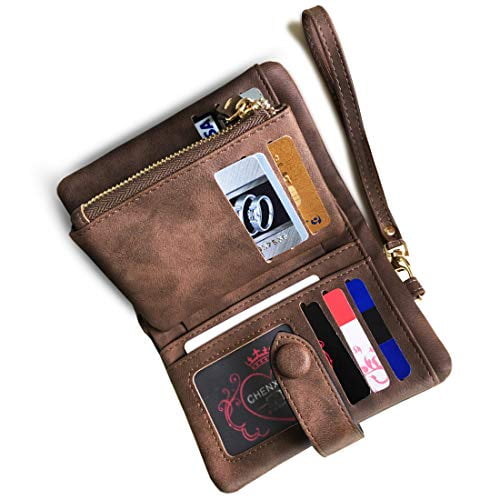 Women's Small Bifold Leather wallet Rfid blocking Ladies Wristlet with Card holder id window Coin Purse (Brown)
