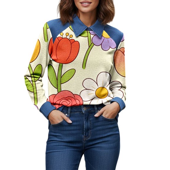 QASIEATN Long Sleeve Tops for Women Casual Lapel Denim Stitching Pullover Sweatshirt Spring Fall Fashion Clothing