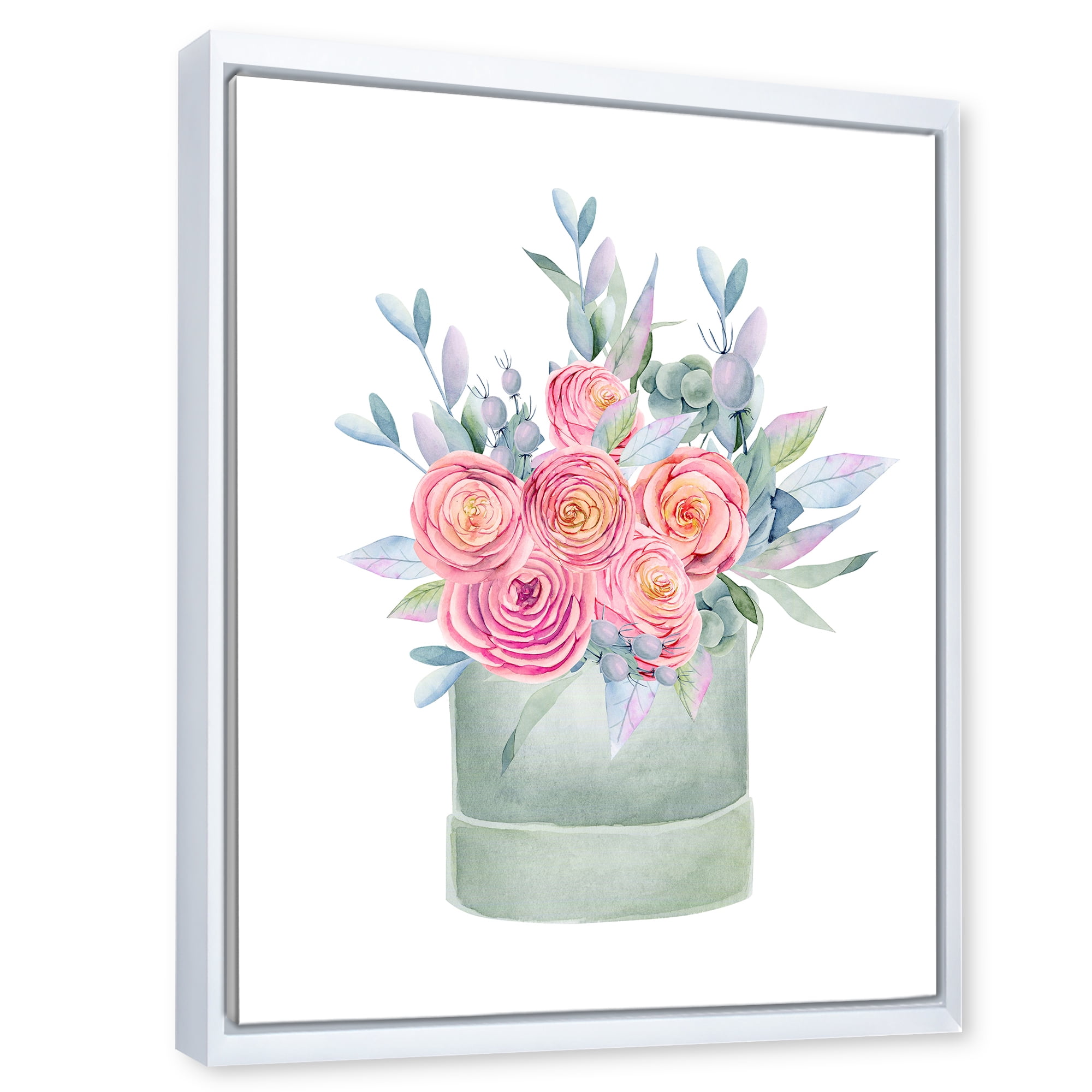 Designart 'Pink Roses With Gift Box' Farmhouse Framed Canvas Wall Art Print
