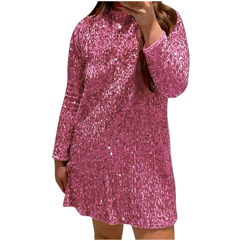 Women's Sequin Short Dress Long Sleeve Round Neck Sparkly Glitter