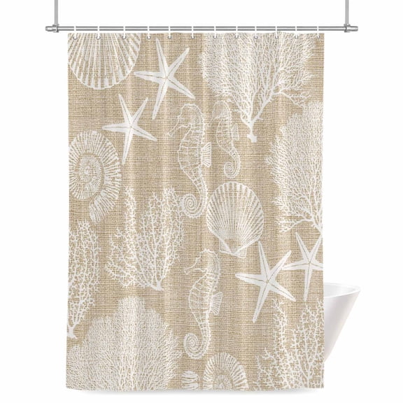 Beige Coastal Shower Curtain, 72" x 72", Nautical Starfish Seahorse Coral Summer Waterproof Bathroom Curtain Washable Shower Curtain Set with 12 Hooks
