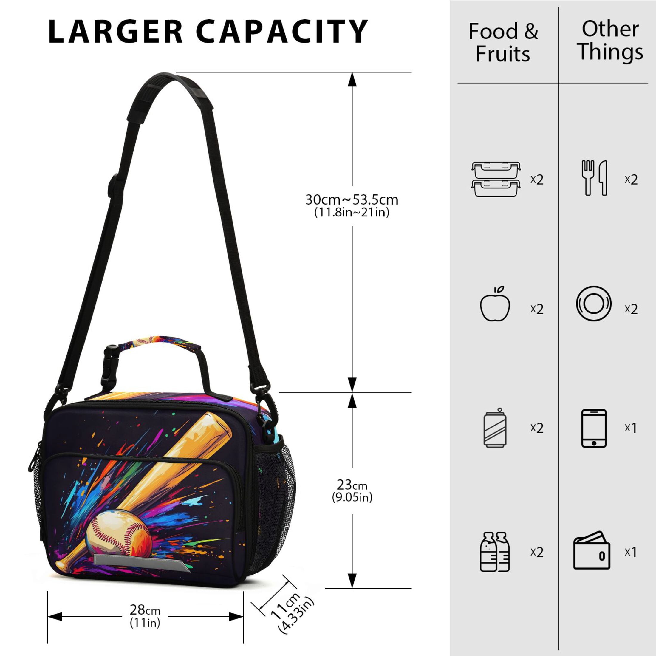ALAZA Baseball Bat Lunch Box Insulated Cooler Bag Reusable Tote Bags Shoulder Strap