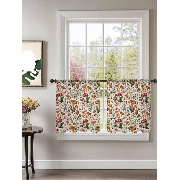 Sheer Curtains 54 inches Long 2 Panels Set Thanksgiving Autumn Mushrooms Watercolor Linen Texture Tiers Sheers Rod Pocket Small Window Short Curtains for Kitchen Cafe, Each 52" W x 54" L