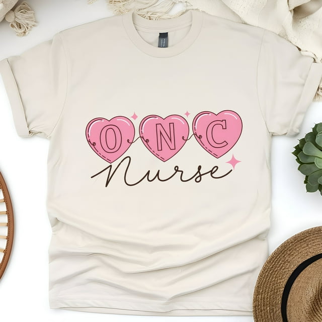 Oncology Nurse Graphic T-Shirt with Pink Heart Design, Natural, Size S