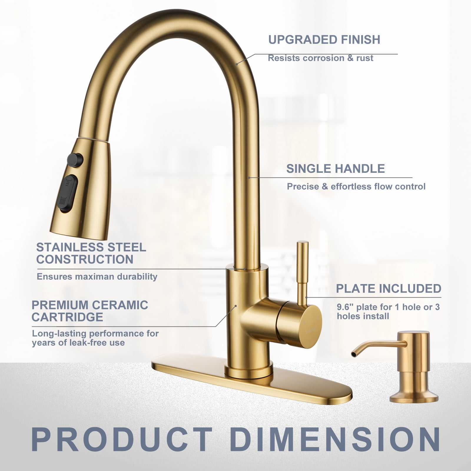 Wowow Single Handle Stainless Steel Pull Down Kitchen Faucet with Sprayer and Soap Dispenser, Gold