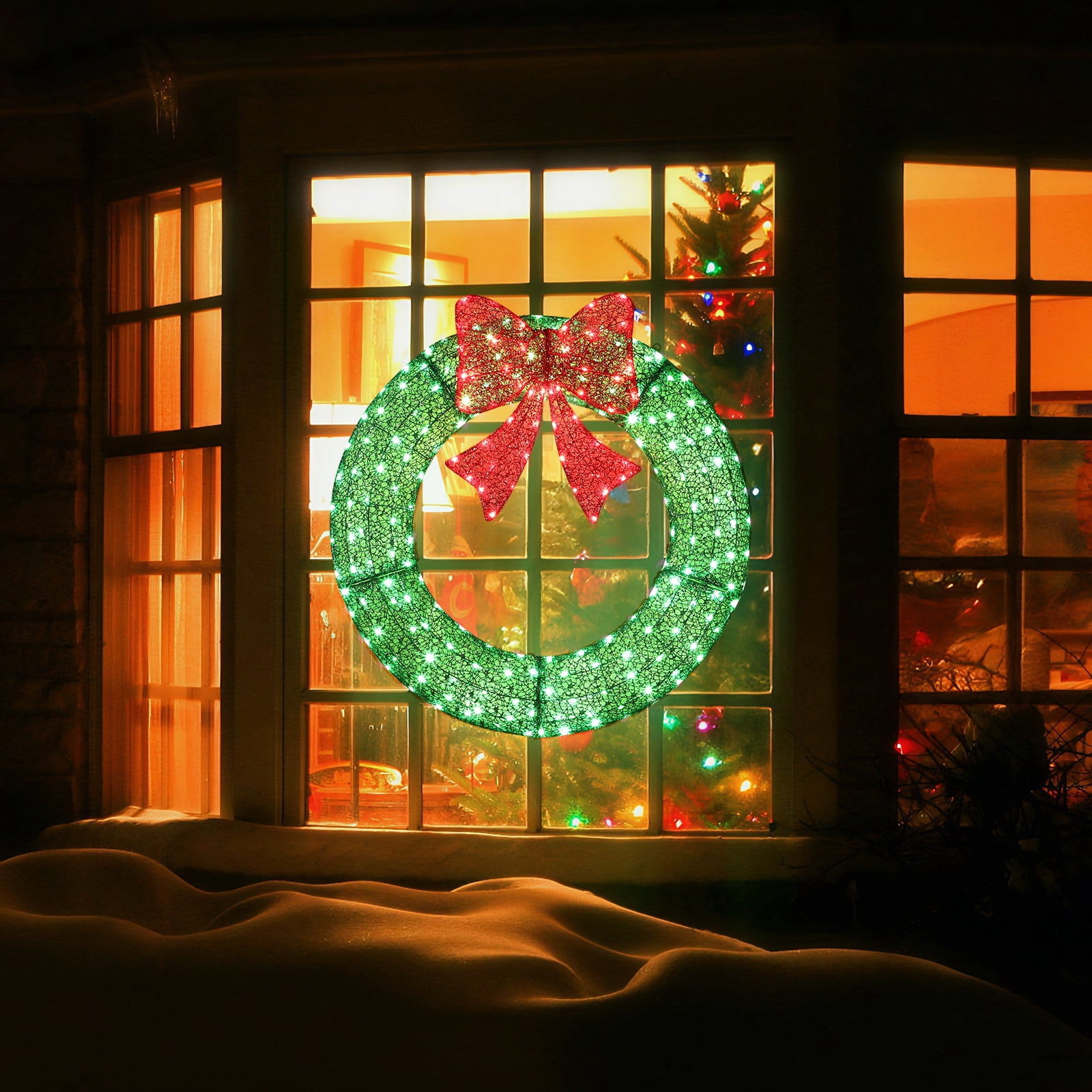 35.4" Pre-Lit Outdoor Christmas Wreath with Red Bow, 225 Red Green LED Lights Remote Control Timer Weather-Resistant Metal Frame for Indoor Outdoor Front Door Porch Gate Holiday Decor