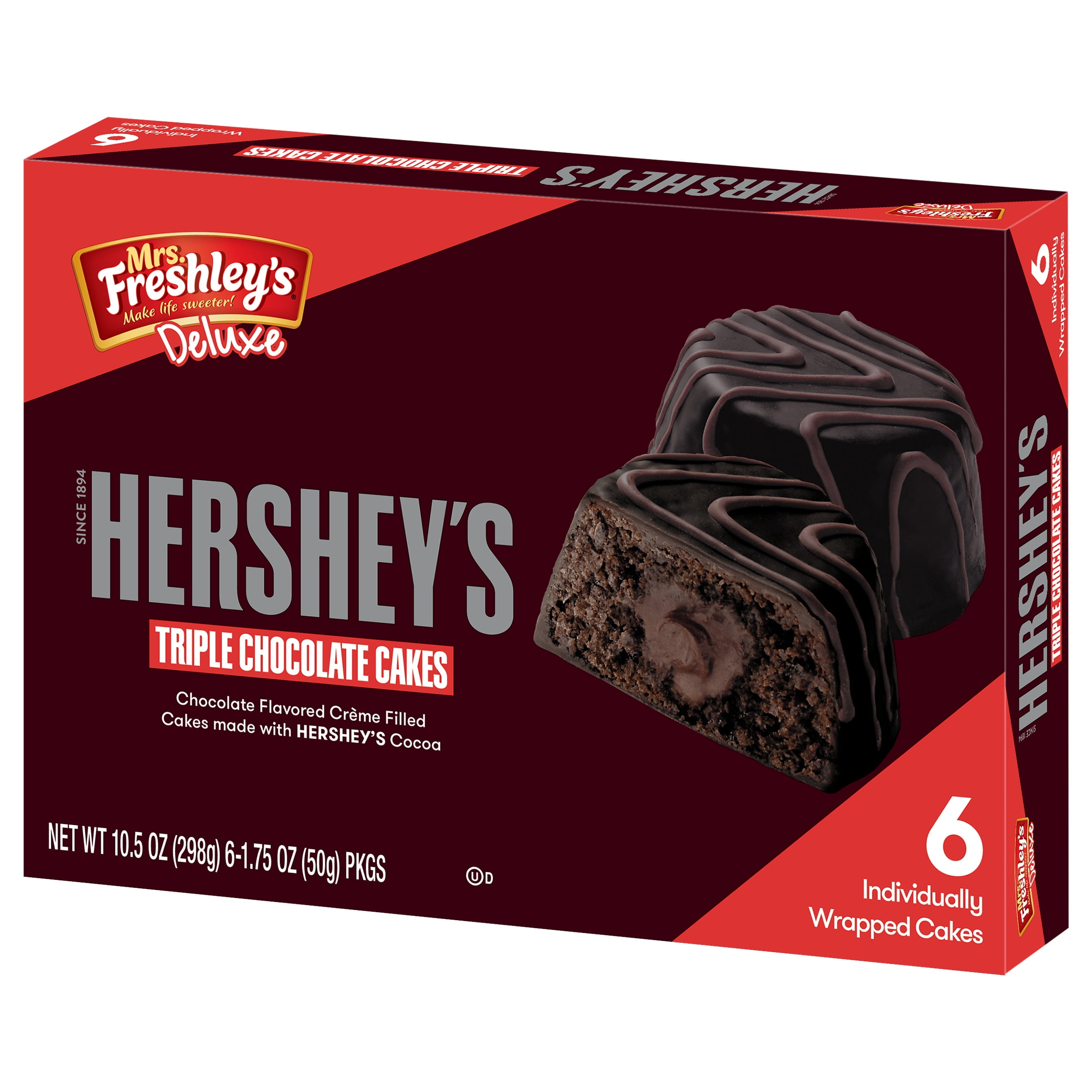 Mrs. Freshley's Deluxe Hershey's Triple Chocolate Cakes, 6 Count, 6 Individually Wrapped Snack Cakes, Shelf-Stable