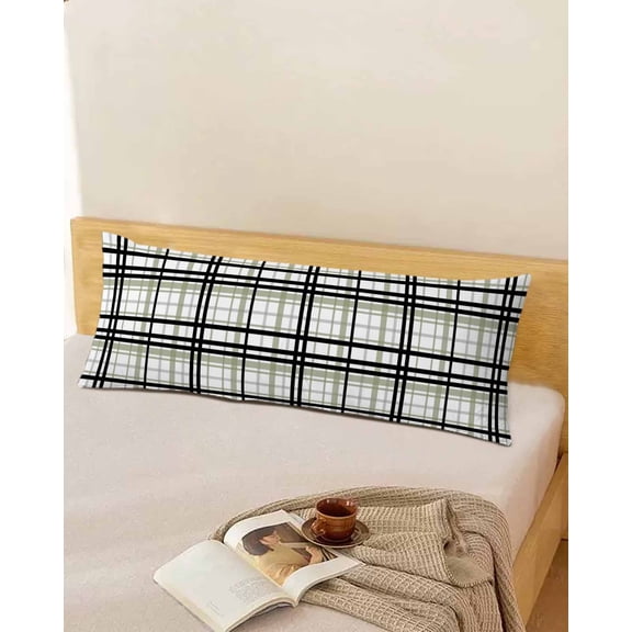 Black Sage Green Body Throw Pillow Cover Case, Couch Sofa Bed Pillowcase, Soft Decorative Pillow Protector, Contemporary Lattice Grey Stripes 20x54Inch Long Reversible Pillow Shams with Zipper